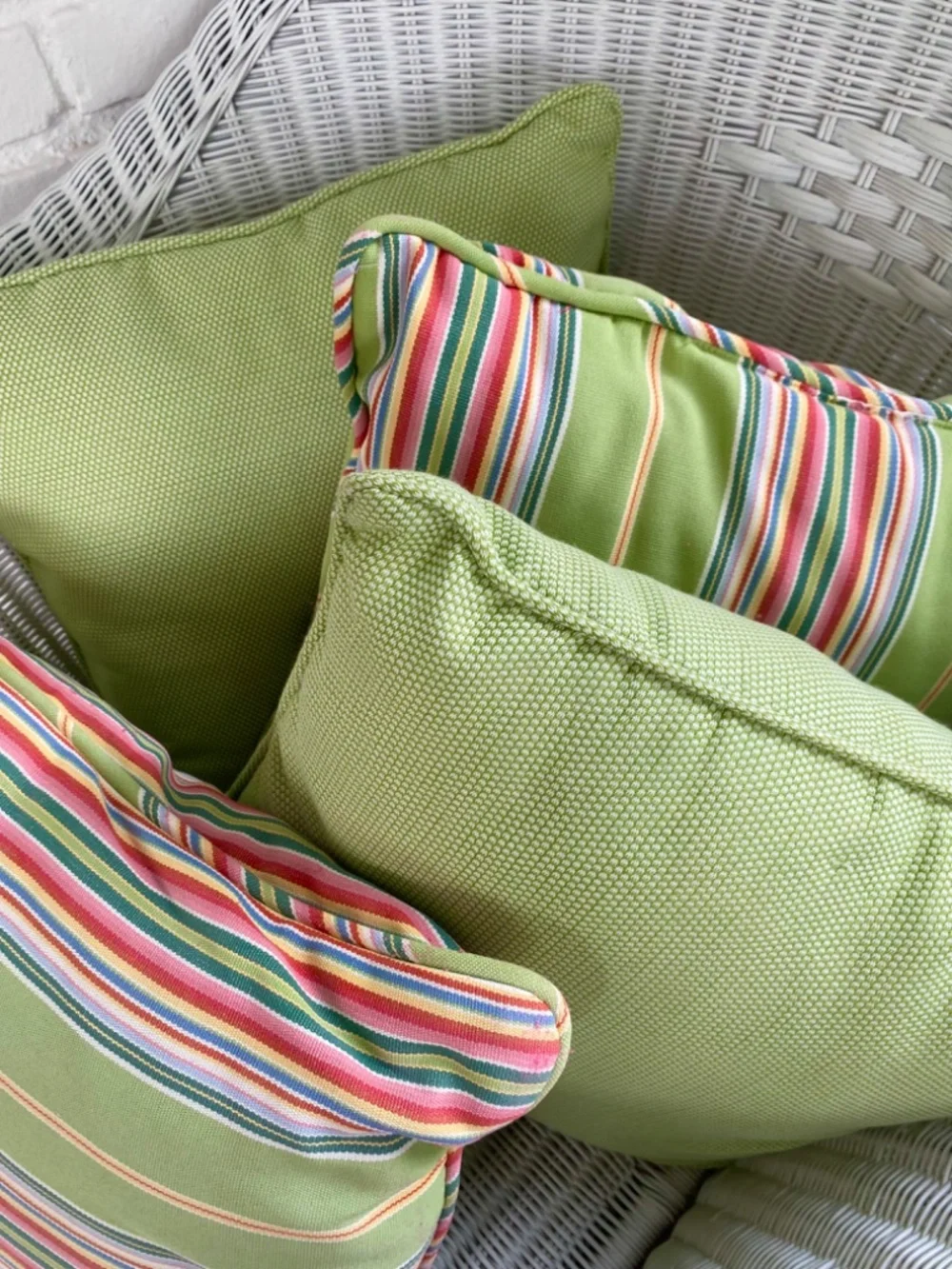 Pottery Barn Pillows in Lime Green, Orange, and Yellow Stripes. Square. Heavy Co